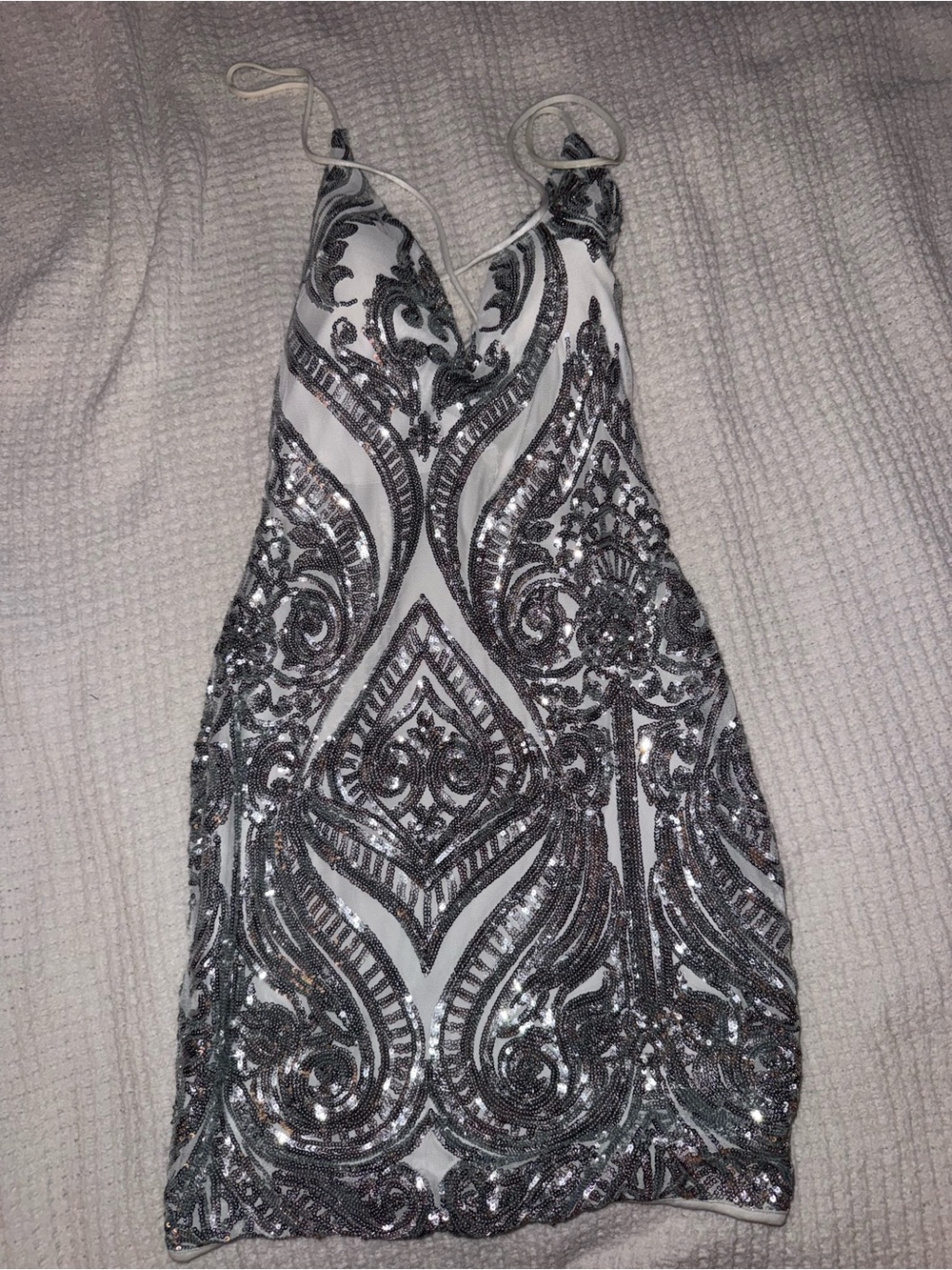 Windsor White Mini Dress with Silver Sequin Baroque Design